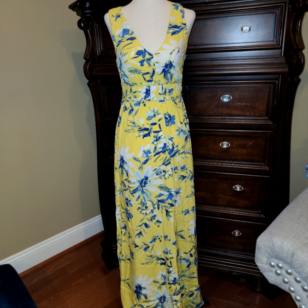 💛 Yellow & Blue Floral Maxi Dress, Size S